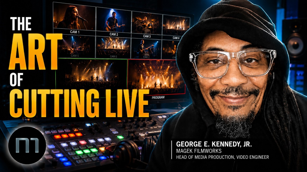 The Art of Cutting Live: George E. Kennedy, Jr. beside a multiviewer of eight concert cameras and a live switcher.