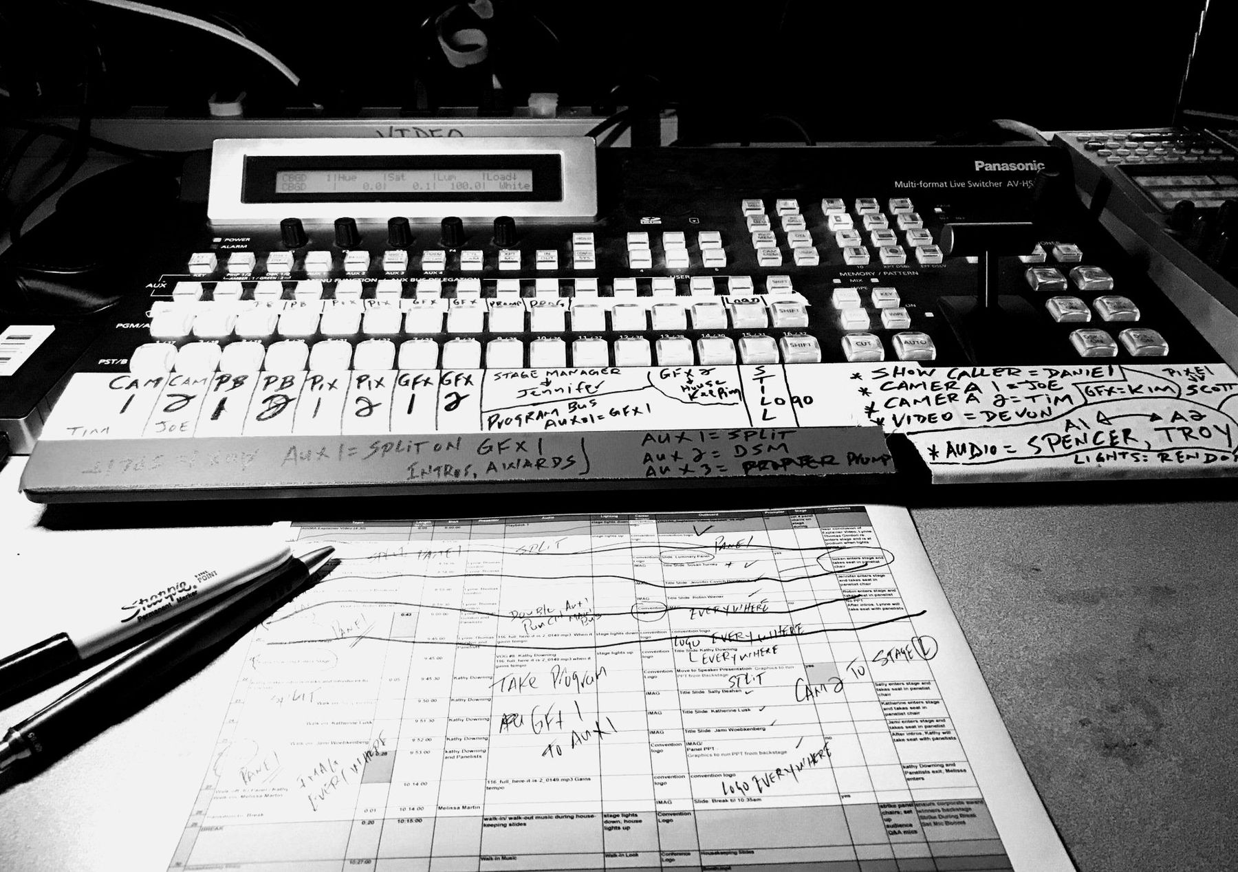 A Panasonic multi-format live switcher with taped bus labels, beside a marked-up show rundown.